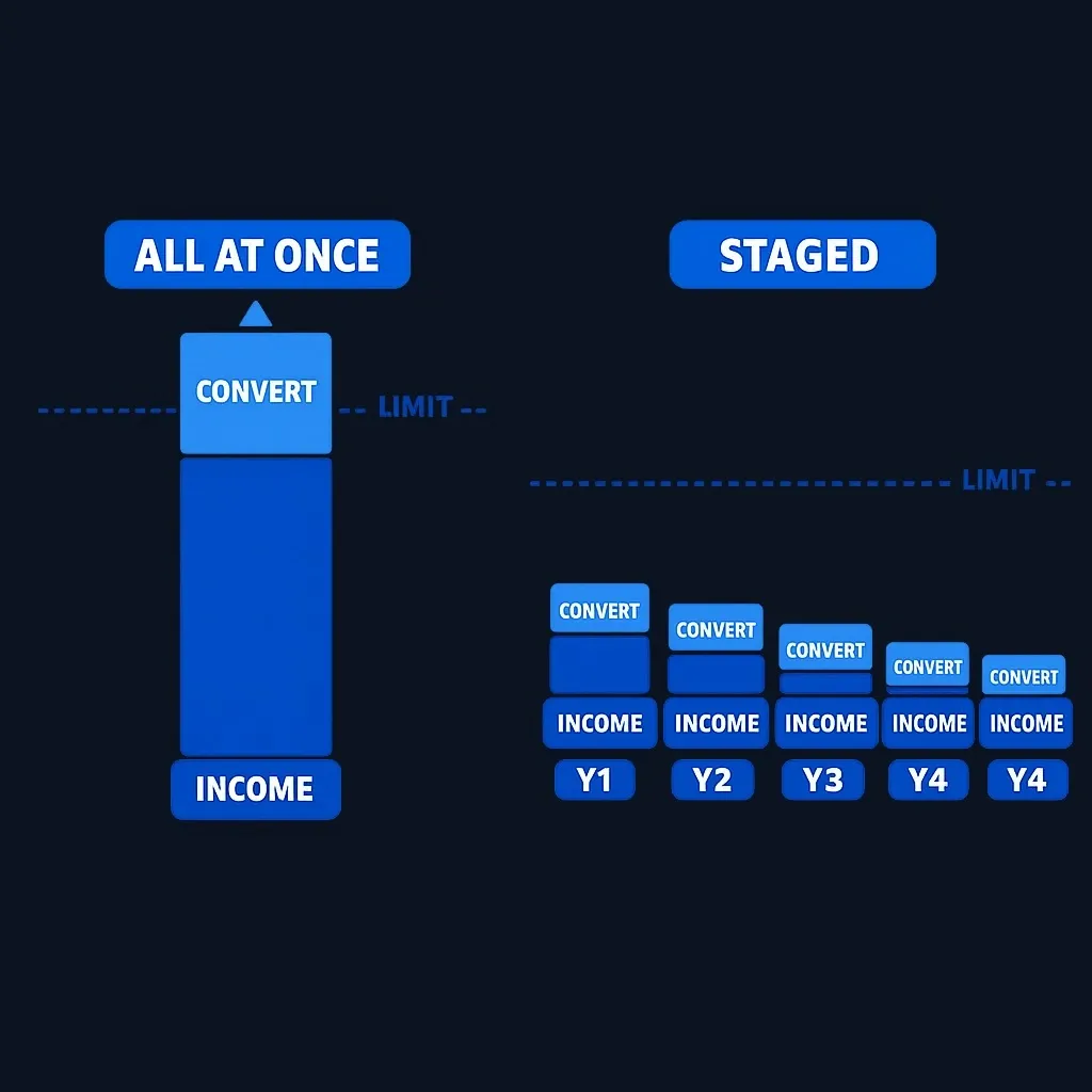Comparison of one large conversion crossing a threshold line versus smaller yearly conversions staying below it