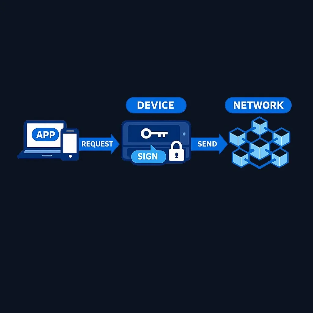 Diagram showing hardware wallet transaction flow with isolated key signing