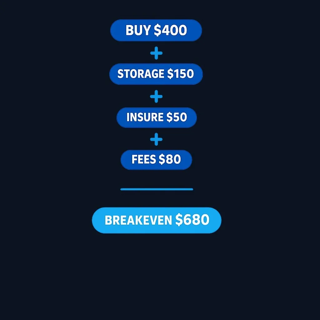Step-by-step break-even price calculation for a wine investment including all costs and fees