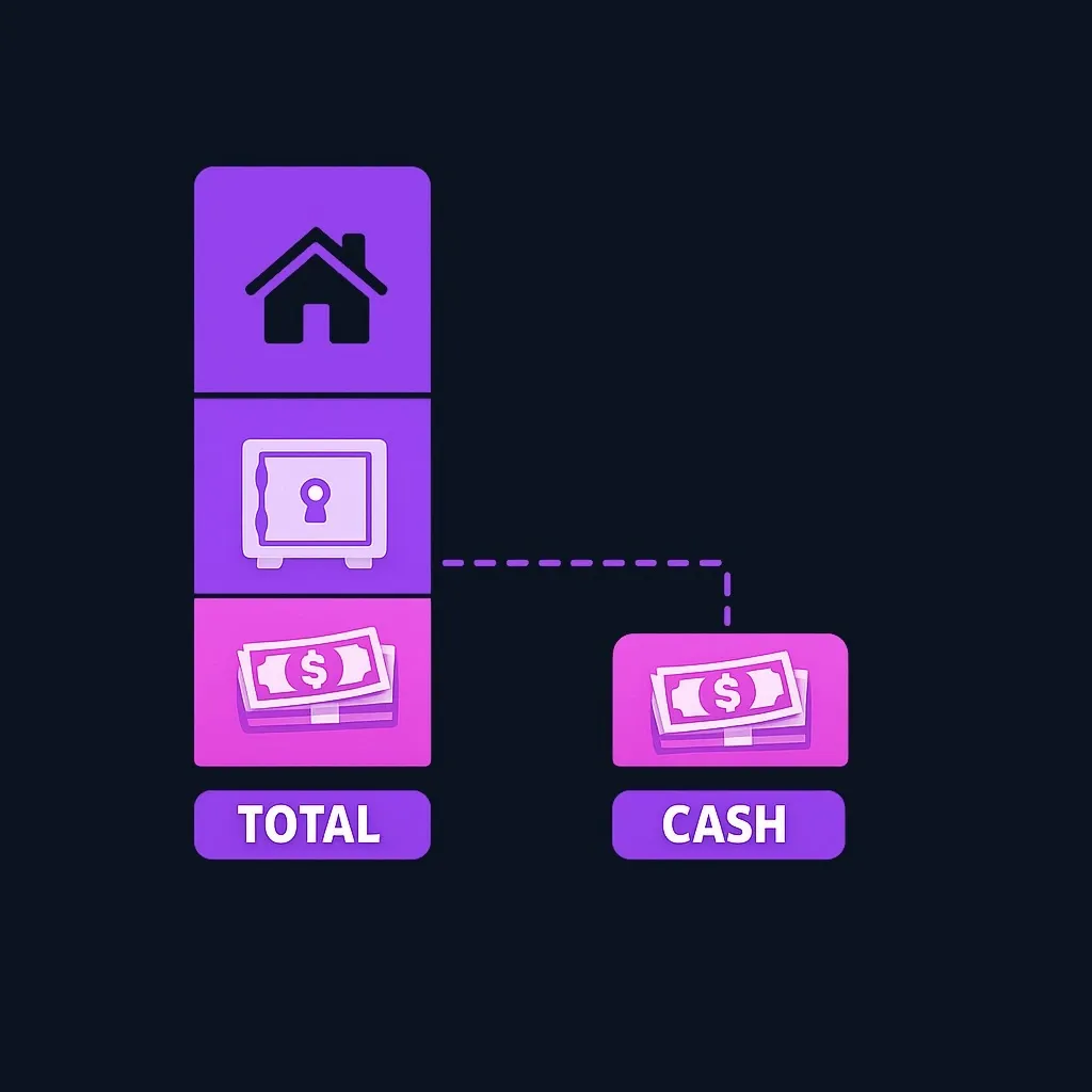 Side-by-side bars comparing a tall total net worth bar to a much shorter available cash bar