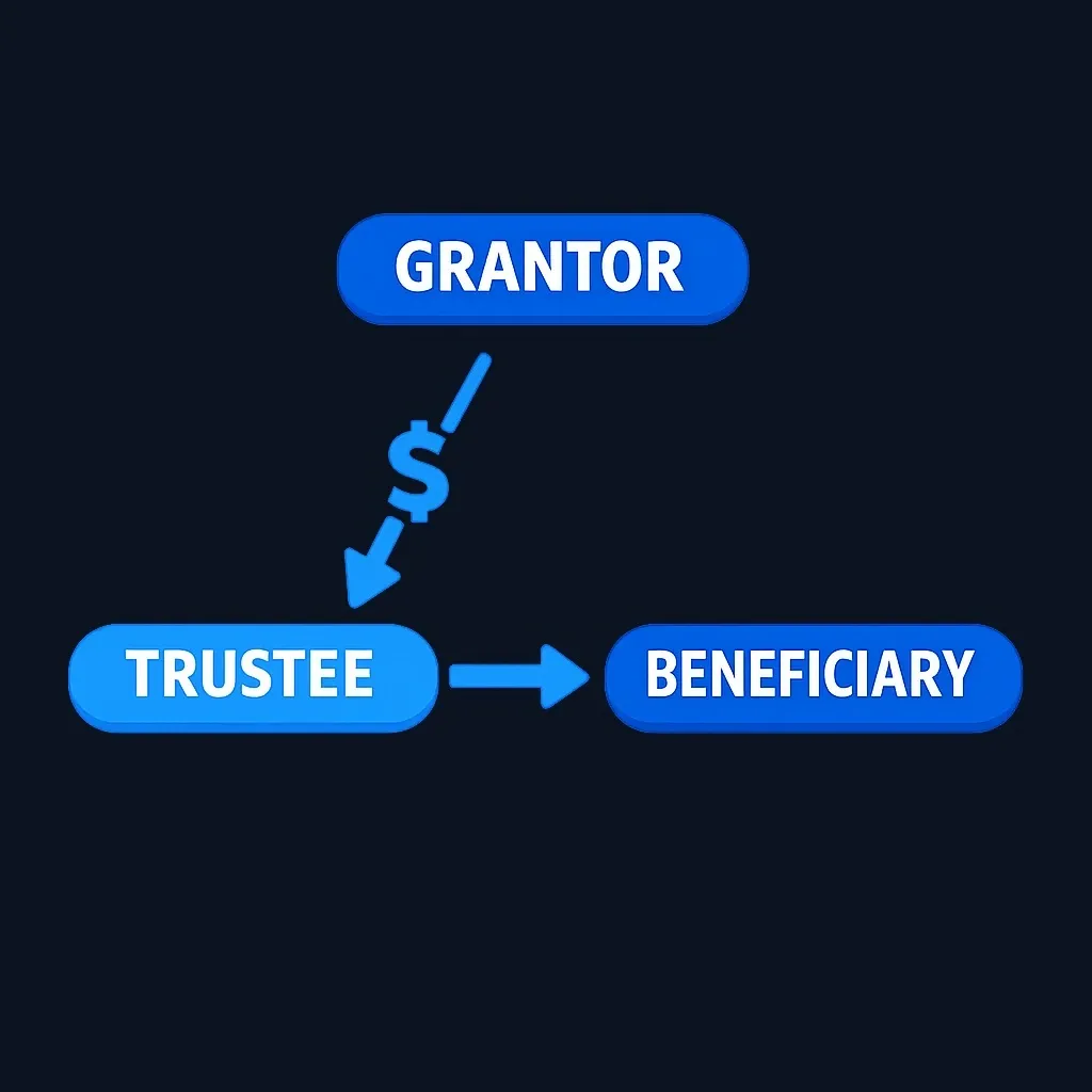 Diagram showing the three parties in a trust: grantor, trustee, and beneficiaries
