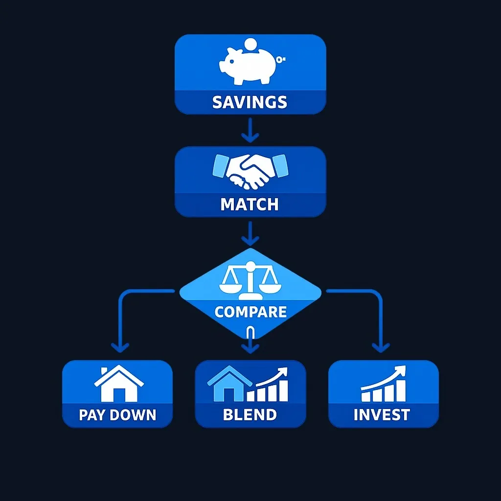 A flowchart showing emergency fund and employer match checks first, then a comparison of mortgage rate against expected return that leads to paying down the mortgage, investing, or a blend.