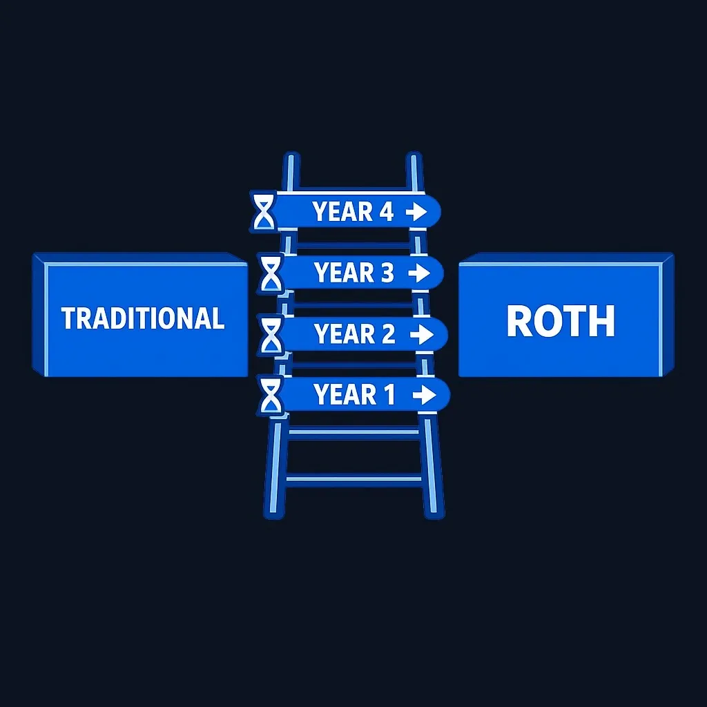 Diagram of a ladder whose rungs are yearly conversions from a Traditional IRA box to a Roth IRA box.