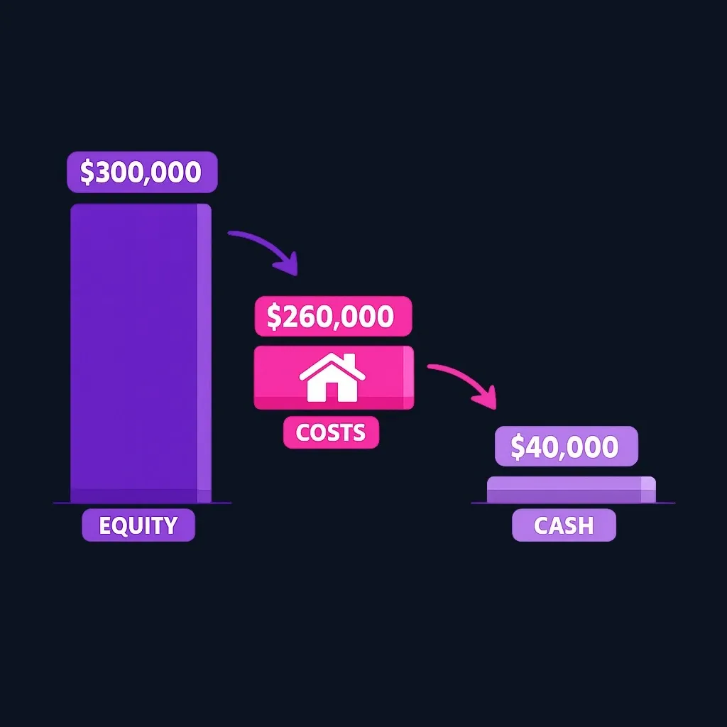 Diagram showing $300,000 in sale proceeds reduced by $260,000 in costs, leaving $40,000.
