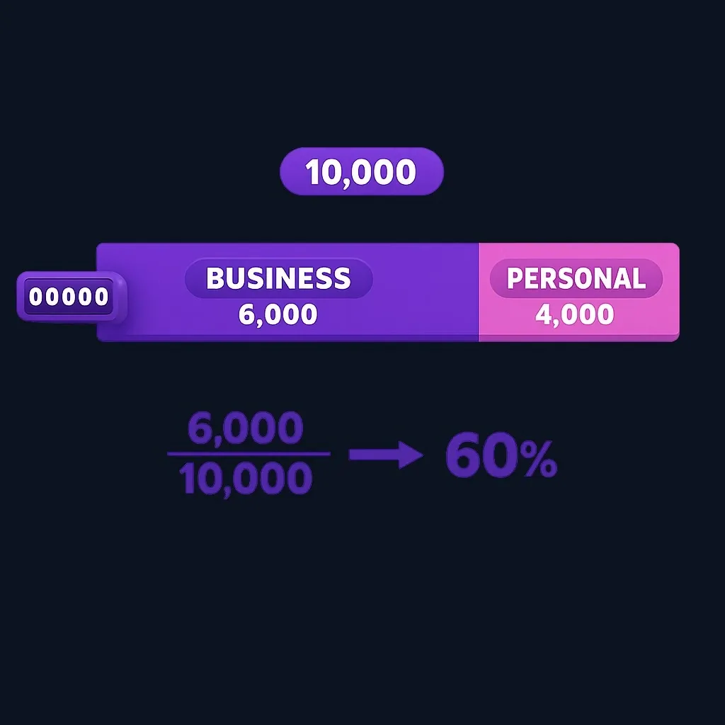 Bar showing 10,000 total miles split into 6,000 business miles and 4,000 personal miles, giving a 60% business share