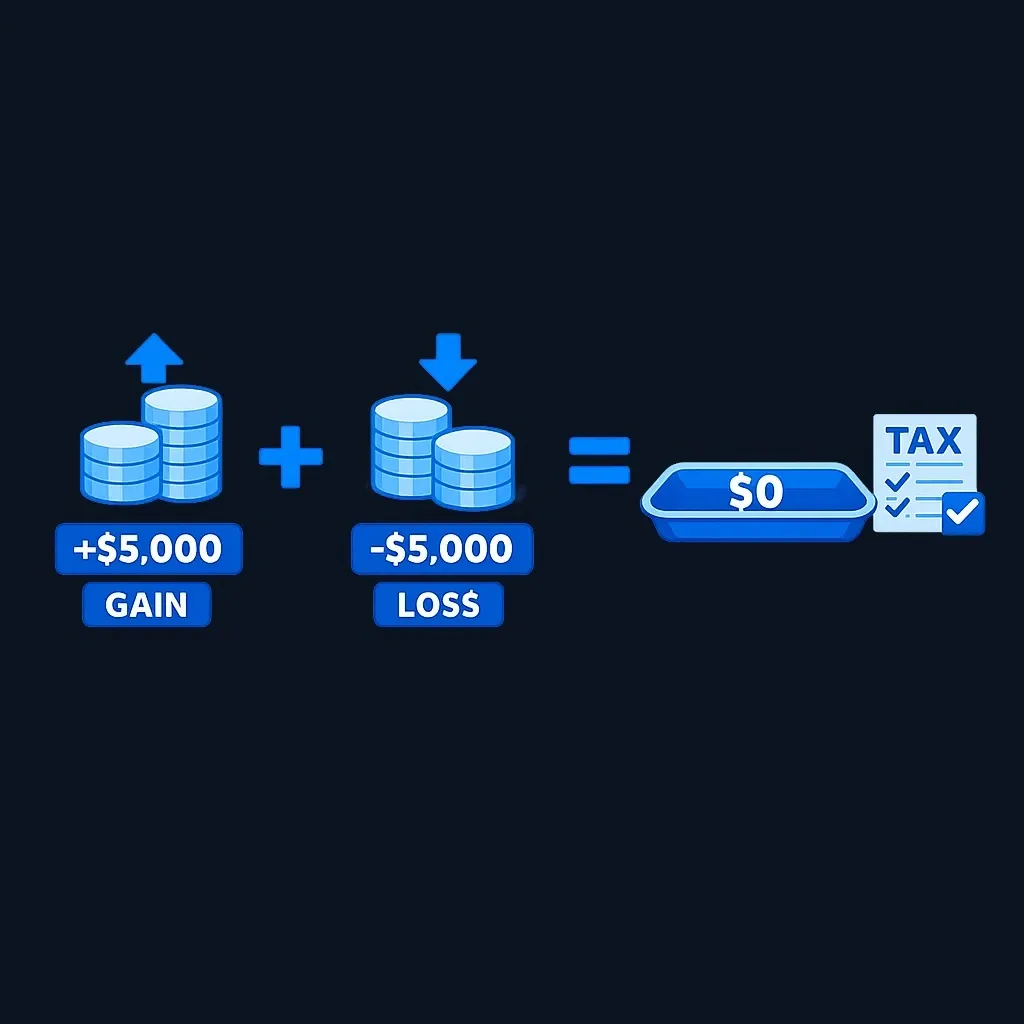 Equation diagram of a $5,000 gain plus a $5,000 loss netting to zero taxable gain