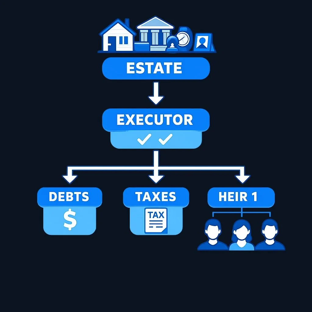 Step-by-step diagram of executor settling an estate with home, accounts, and multiple beneficiaries