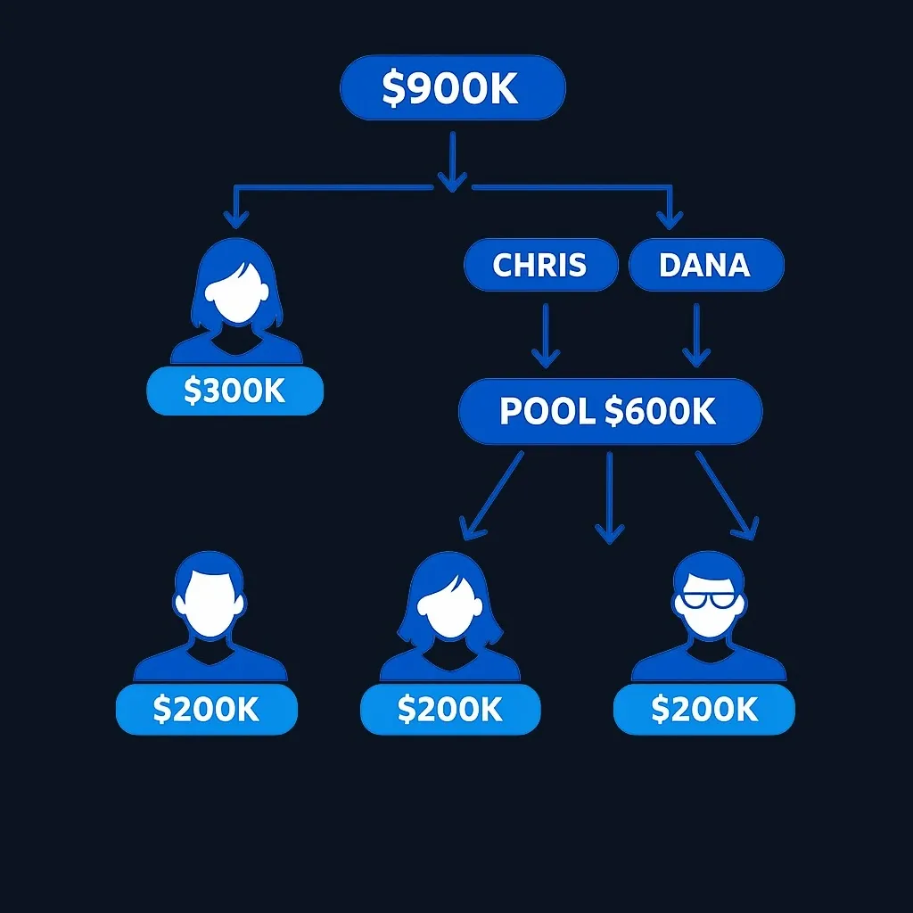Per capita at each generation distribution showing $900,000 estate with generational pooling creating equal grandchild shares
