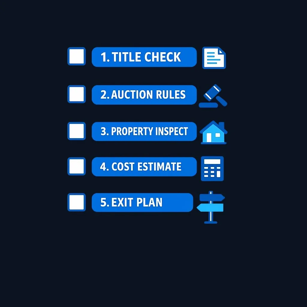 Checklist diagram showing five mandatory due diligence steps before bidding on a tax lien