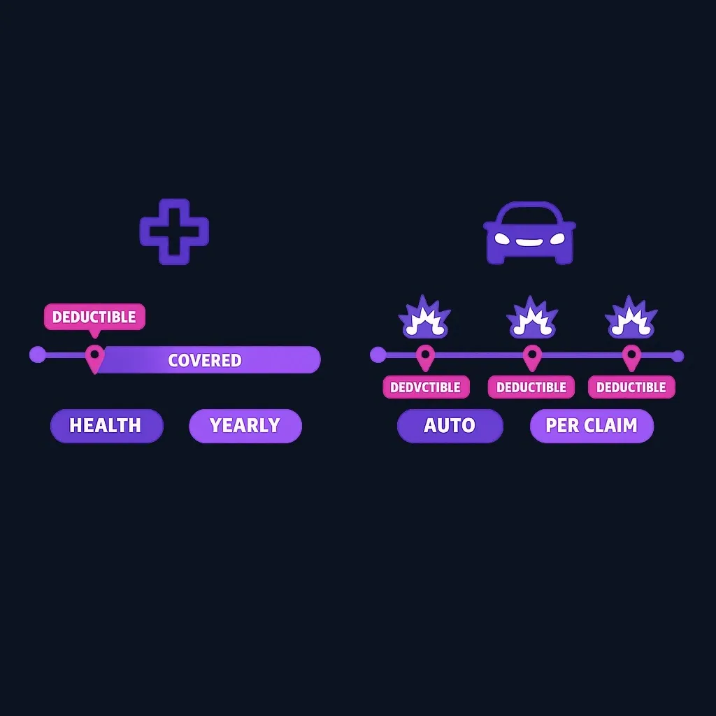 Side-by-side comparison of a health deductible paid once per year and an auto deductible paid on each claim