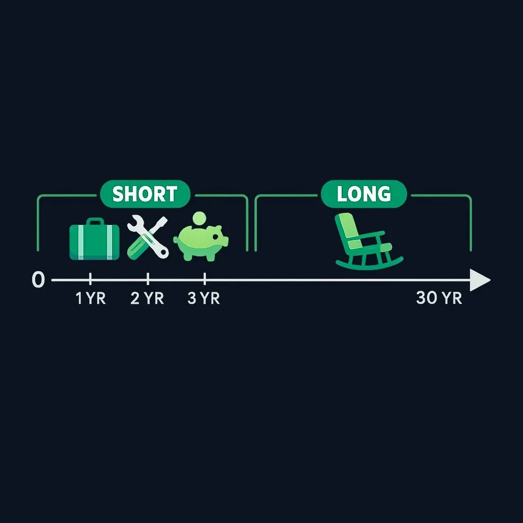 Timeline showing a short-term zone from zero to three years and a longer-term zone extending beyond
