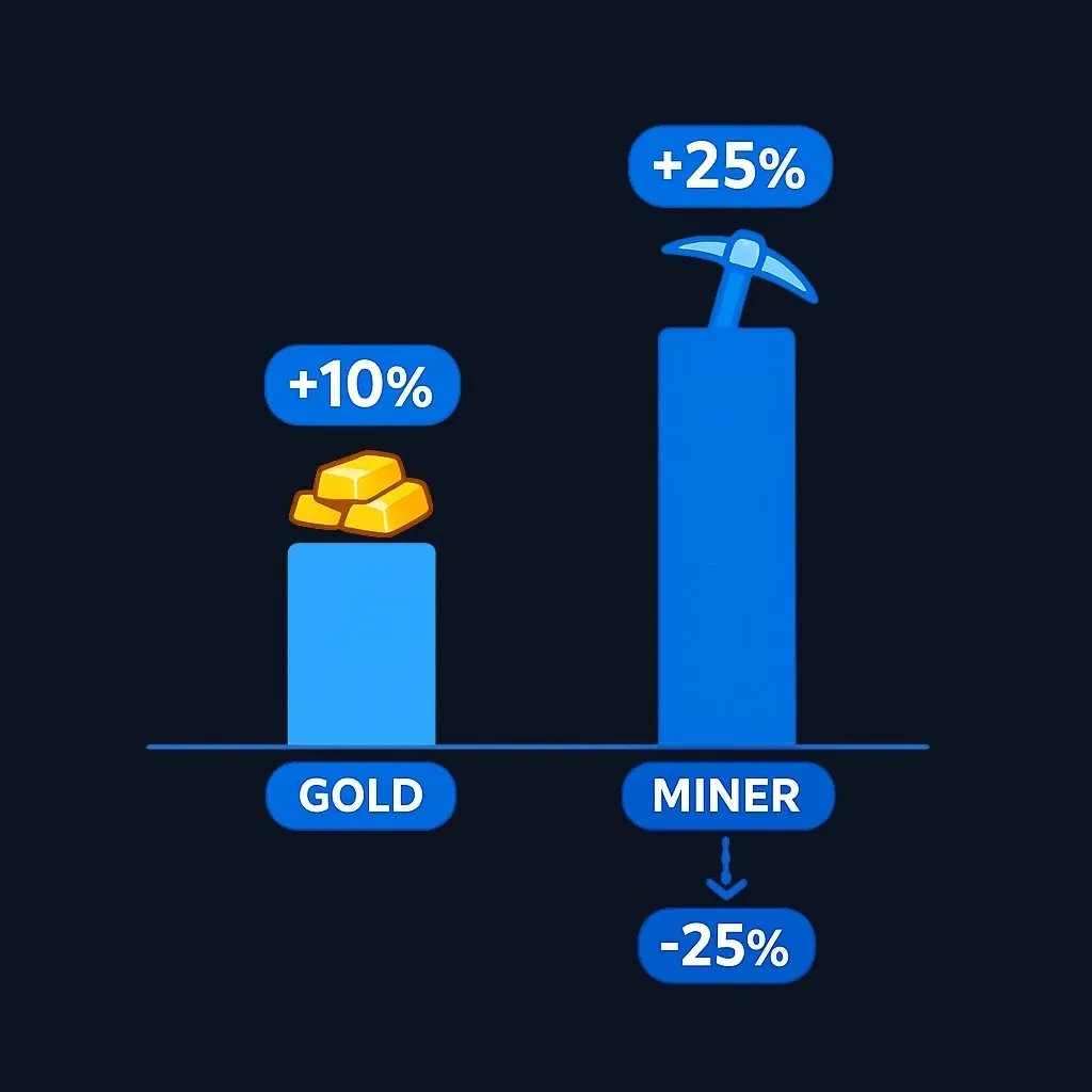 Chart comparing a modest gold price move with a larger mining stock move