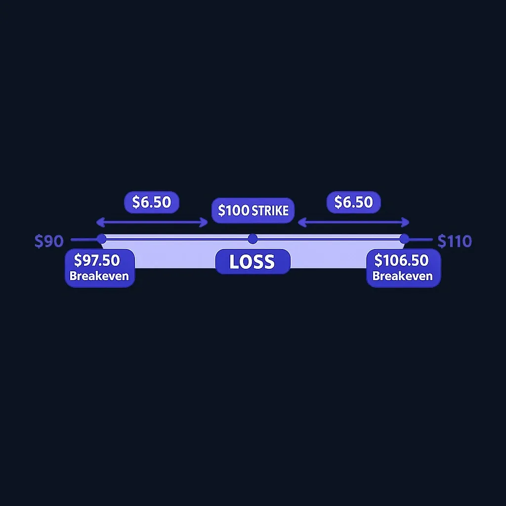 Worked example of straddle breakeven calculation with specific dollar values