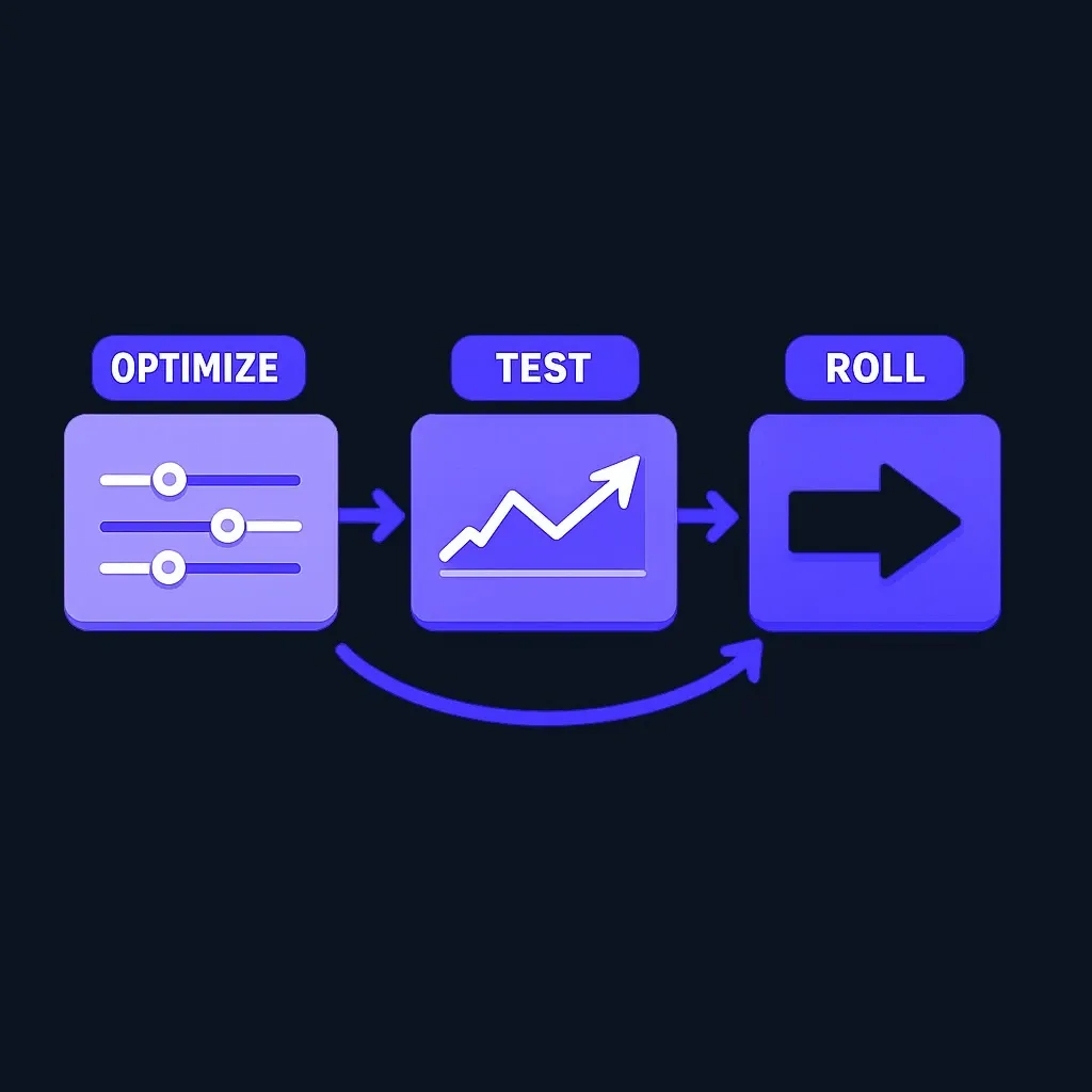 Three-step walk forward cycle diagram showing optimize, test, and roll-forward phases