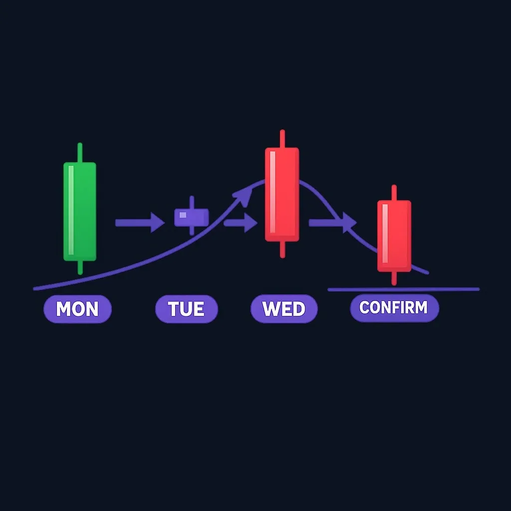 Step-by-step diagram of evening star formation across four trading days