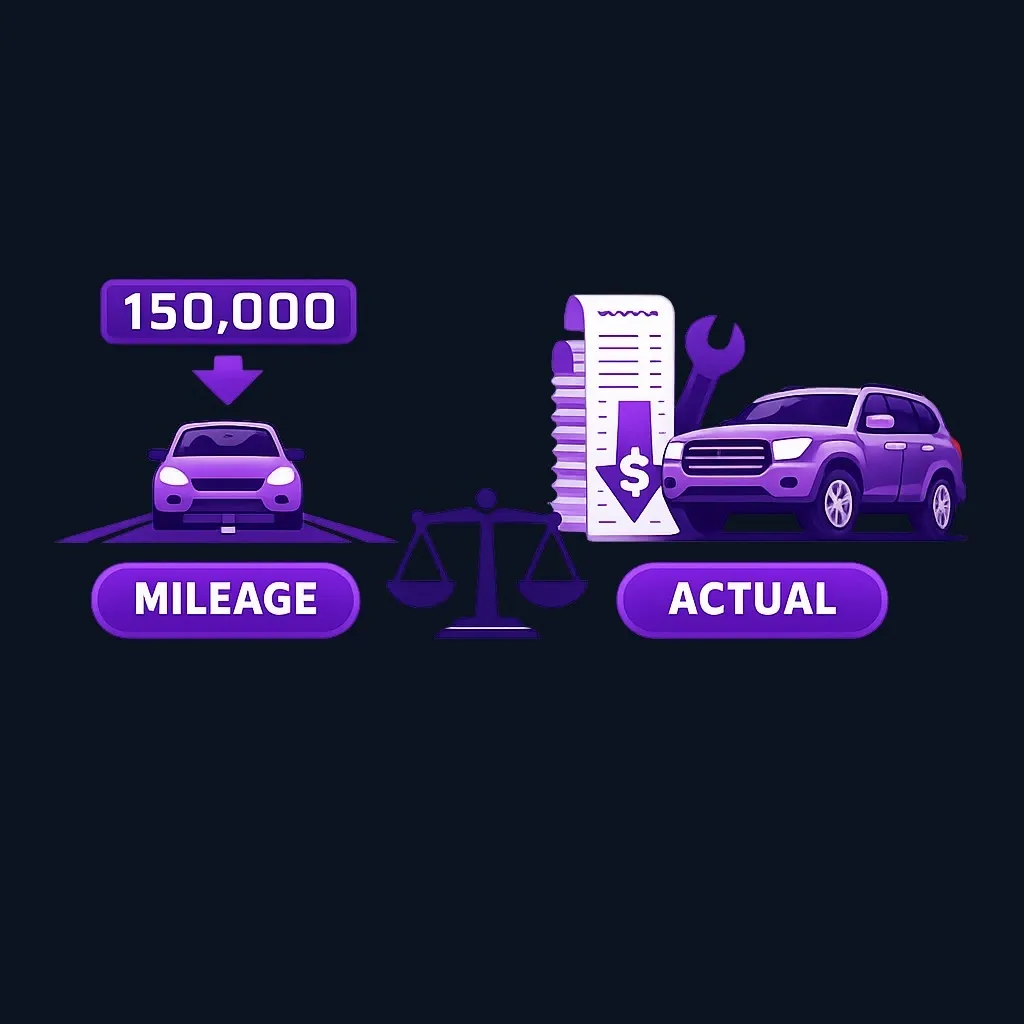 Comparison of a small efficient car with high mileage pointing to standard mileage and an expensive vehicle with many receipts pointing to actual expenses