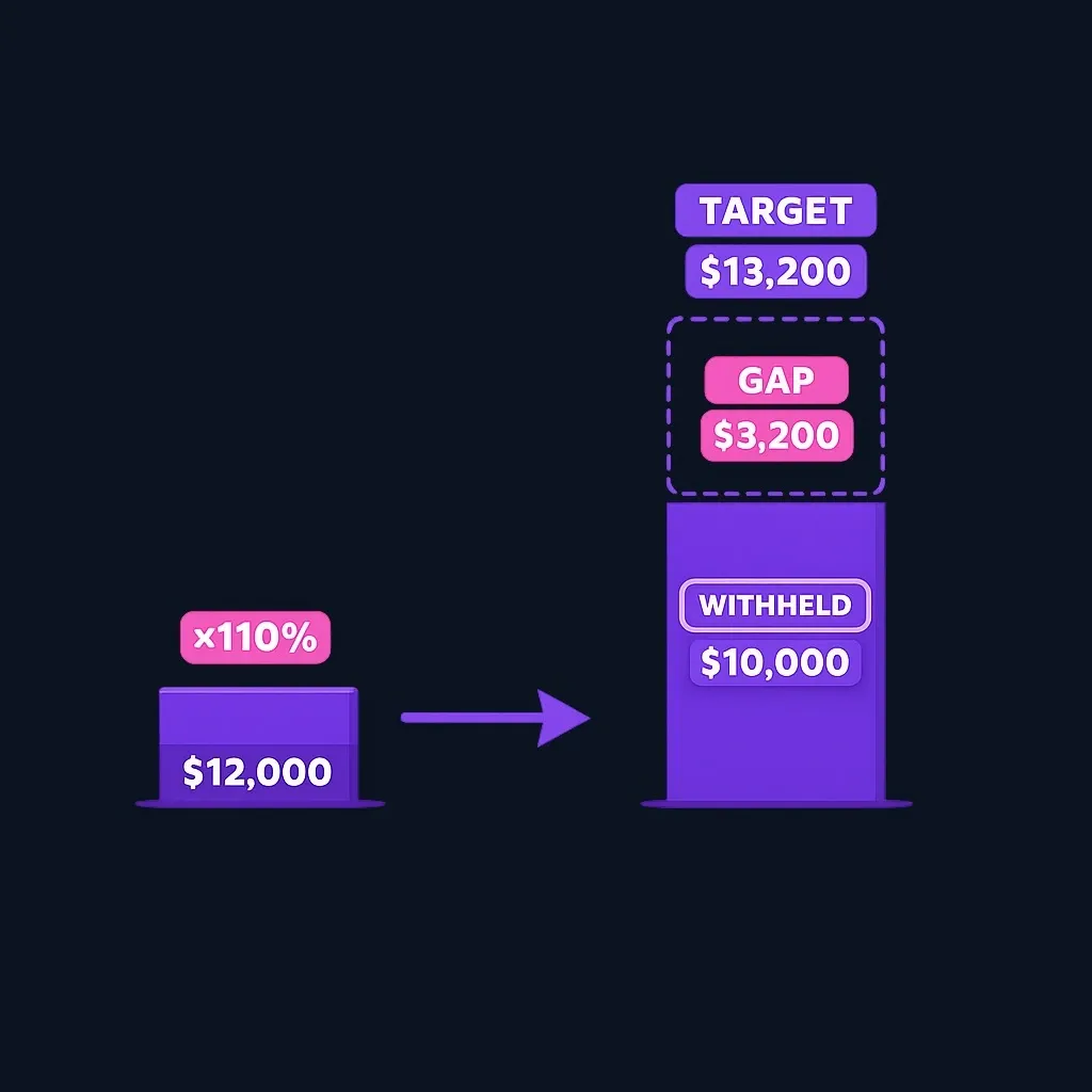 Stacked bar showing a $13,200 safe-harbor target split into $10,000 of withholding and a $3,200 remaining gap.