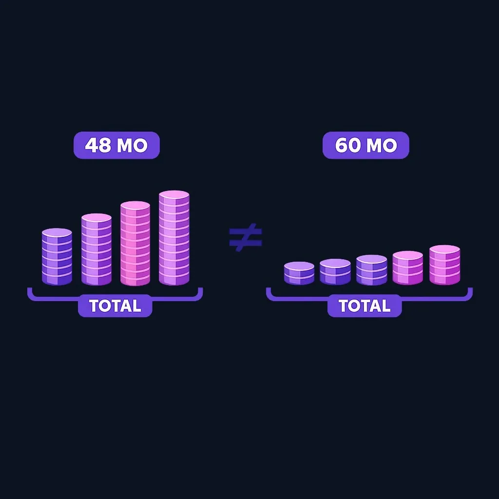 Side-by-side comparison of a 48-month loan and a 60-month loan showing payment size versus number of payments