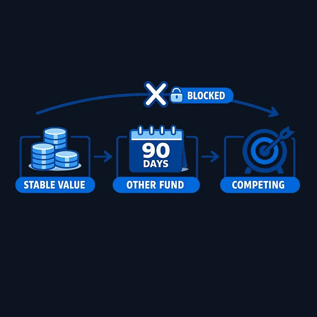 Flow diagram showing money moving from stable value to a noncompeting fund for 90 days, then to a competing fund