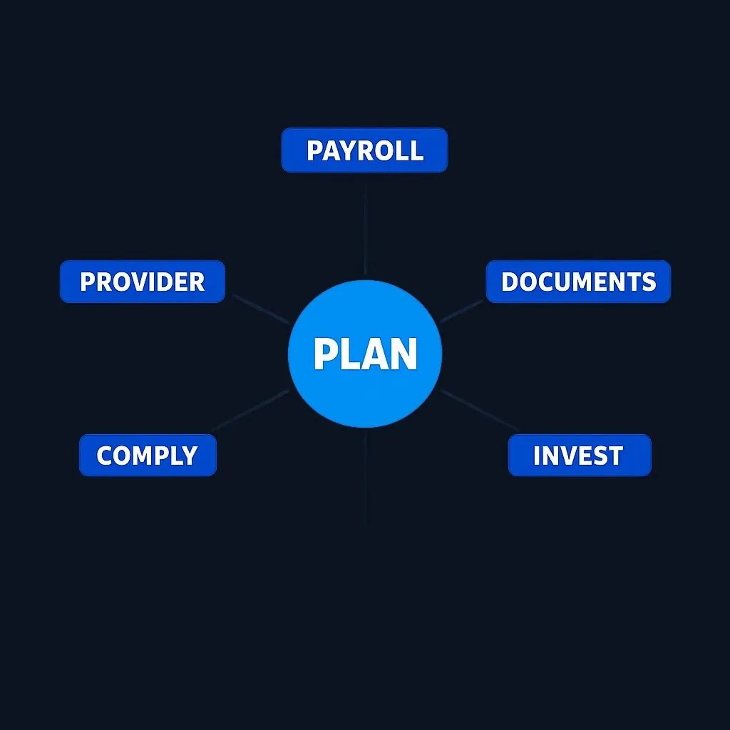 Diagram showing 401(k) plan complexity with multiple interconnected components