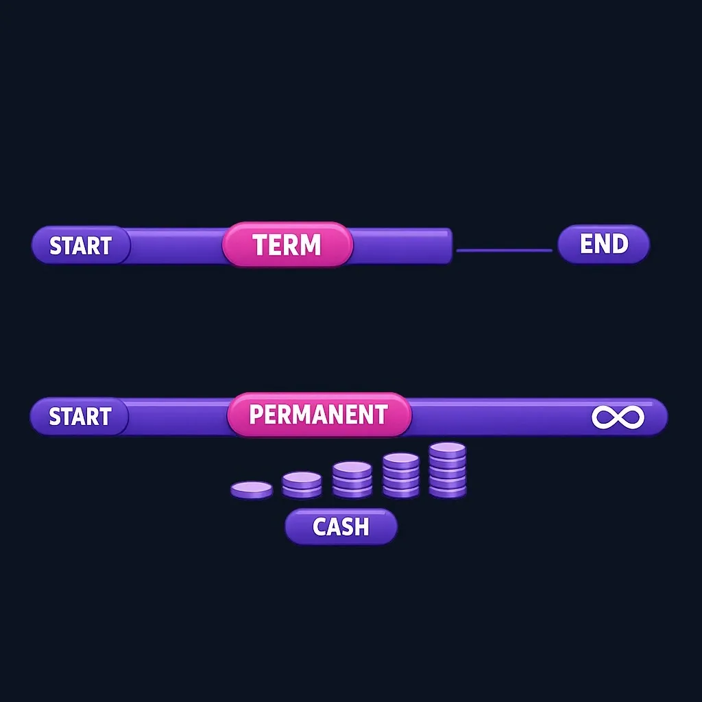 Two timelines comparing term life coverage that ends after a set period with permanent life coverage that lasts a lifetime and builds cash value