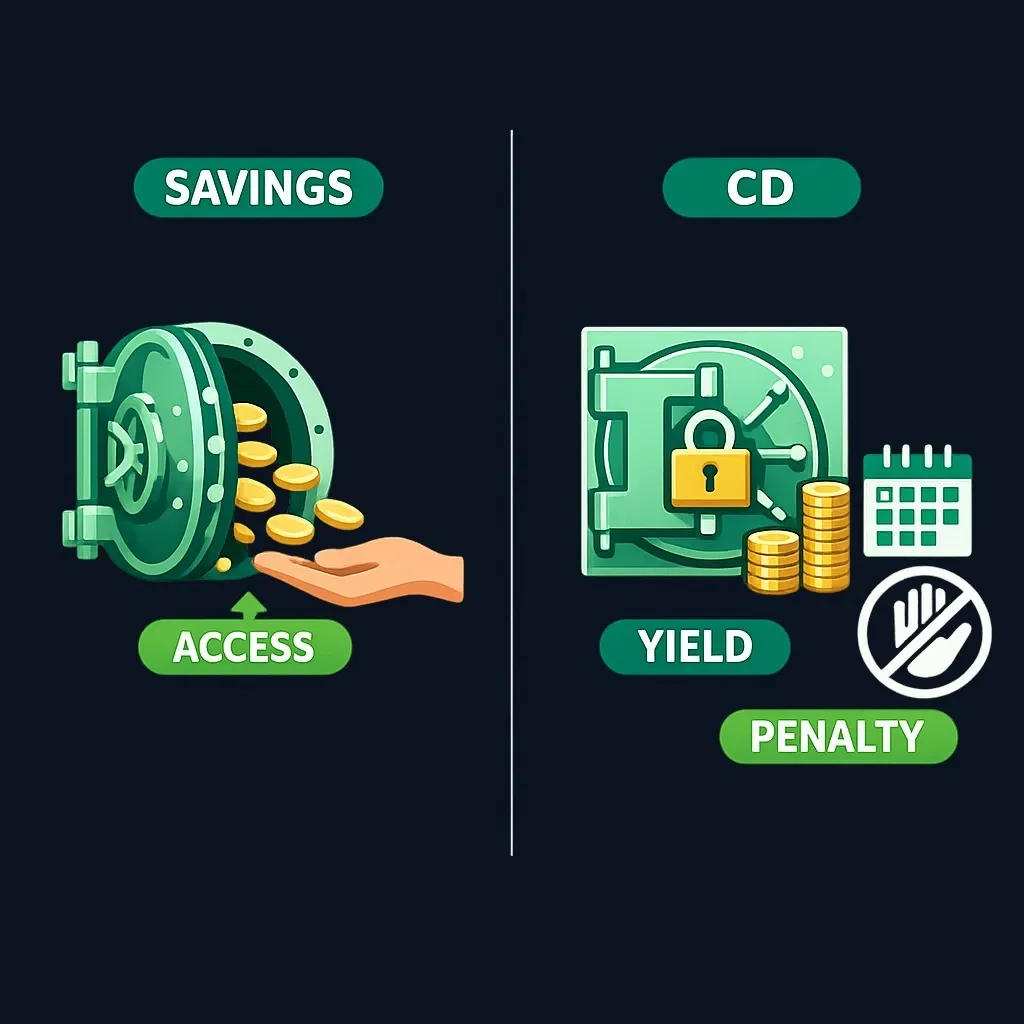 Comparison of an open savings account allowing withdrawals versus a locked CD with higher yield and a penalty