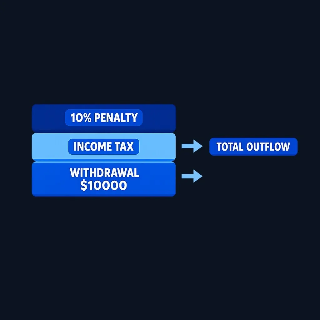 Diagram showing tax and penalty layers on a hardship withdrawal
