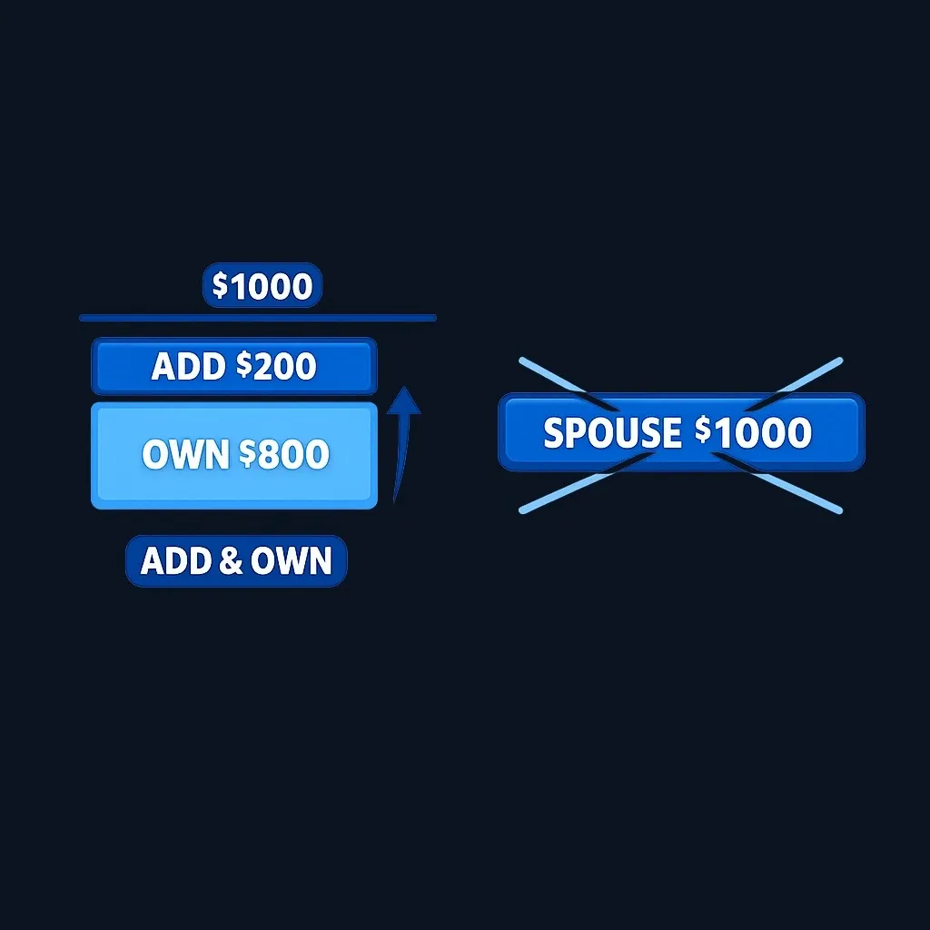 Diagram showing own benefit as base bar, spouse benefit adding only the difference to reach combined total