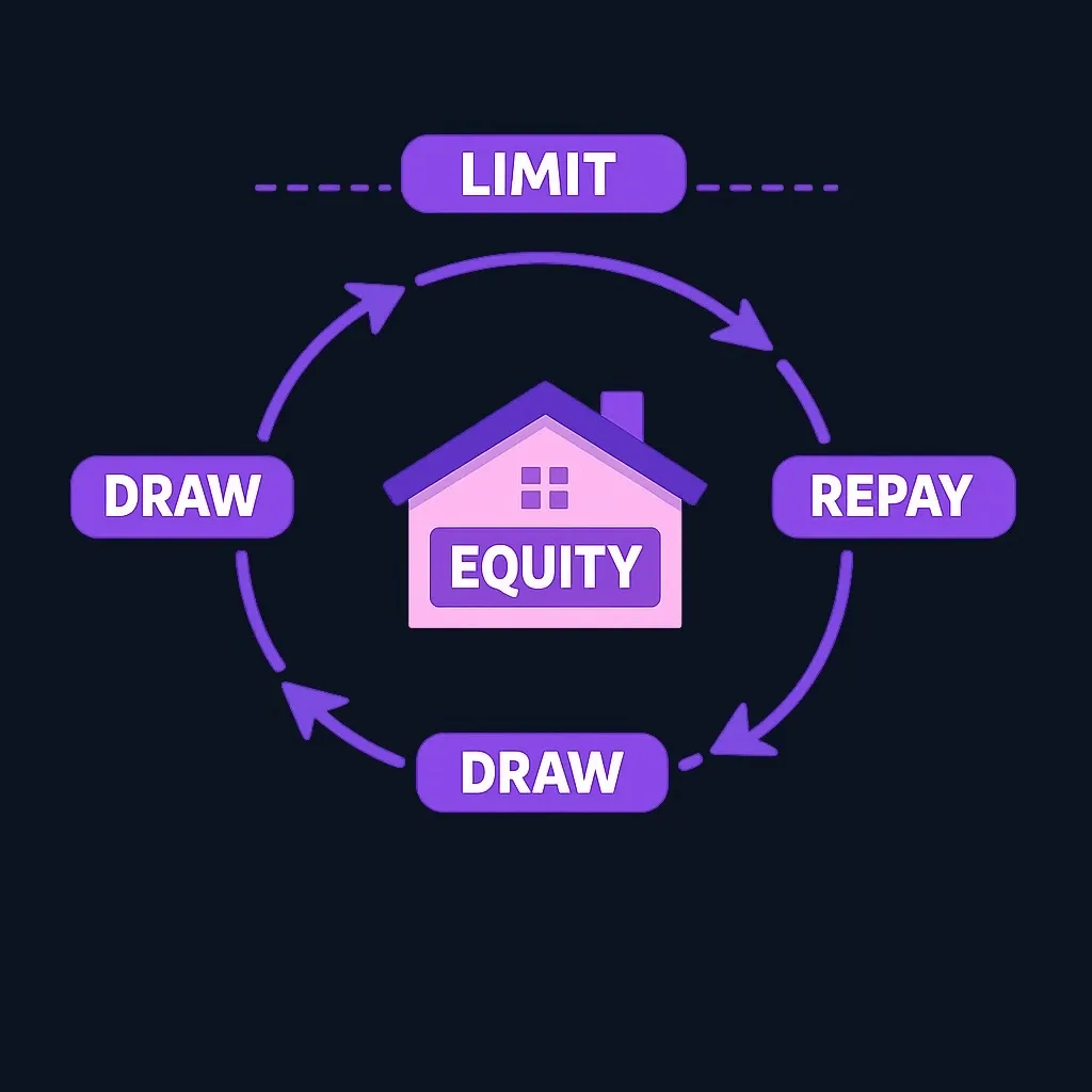 Circular diagram of the HELOC cycle of drawing, repaying and drawing again, secured by a house