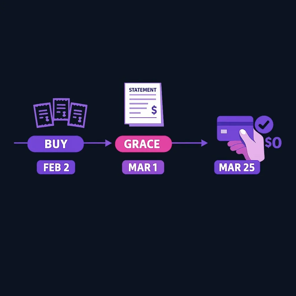 Timeline example from Feb 2 to Mar 25 showing the purchase period and the grace period