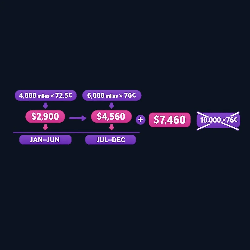 Timeline showing 2026 business miles split into two rate periods, with subtotals of $2,900 and $4,560 adding to $7,460