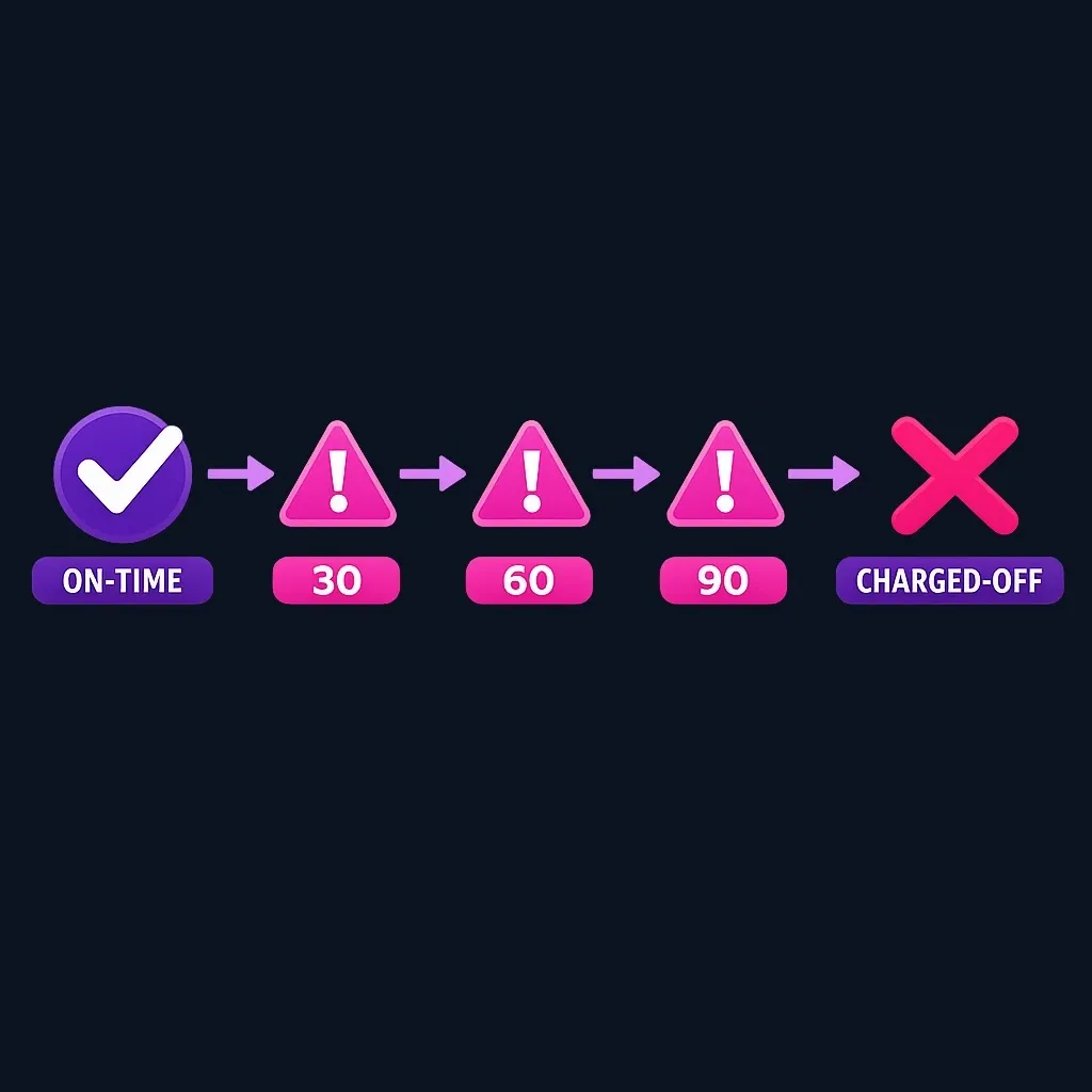 Diagram showing progression from on-time payment to 30-day, 60-day, 90-day late, then charge-off status