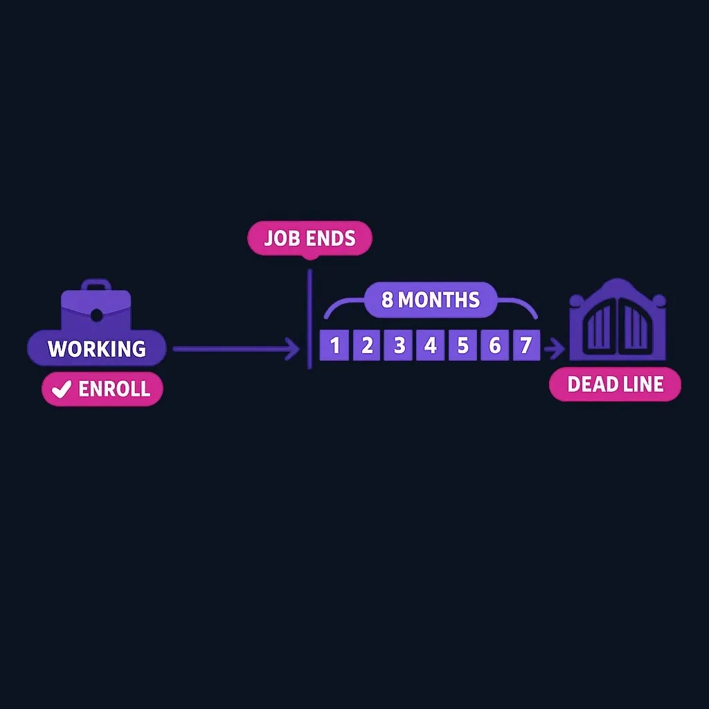 Timeline showing enrollment allowed while working, then an eight-month window after job or coverage ends