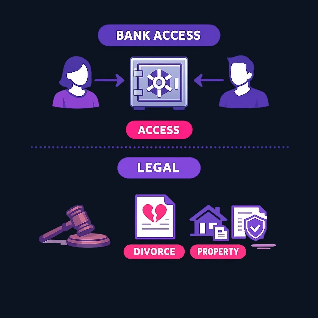 Diagram distinguishing bank access rights from legal ownership and entitlement under family law