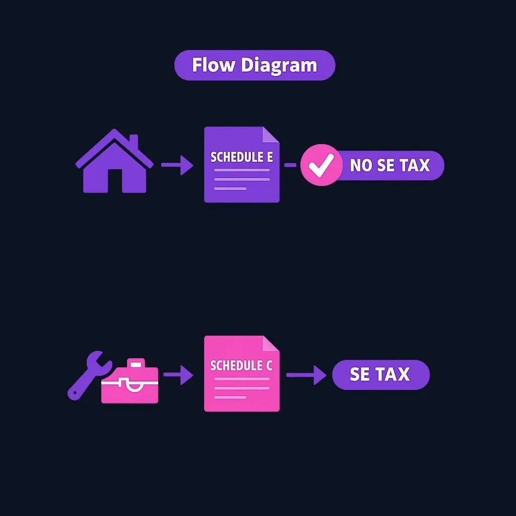 Diagram showing two paths: rental income flowing to Schedule E marked 'NO SE TAX', and service business income flowing to Schedule C marked 'SE TAX'
