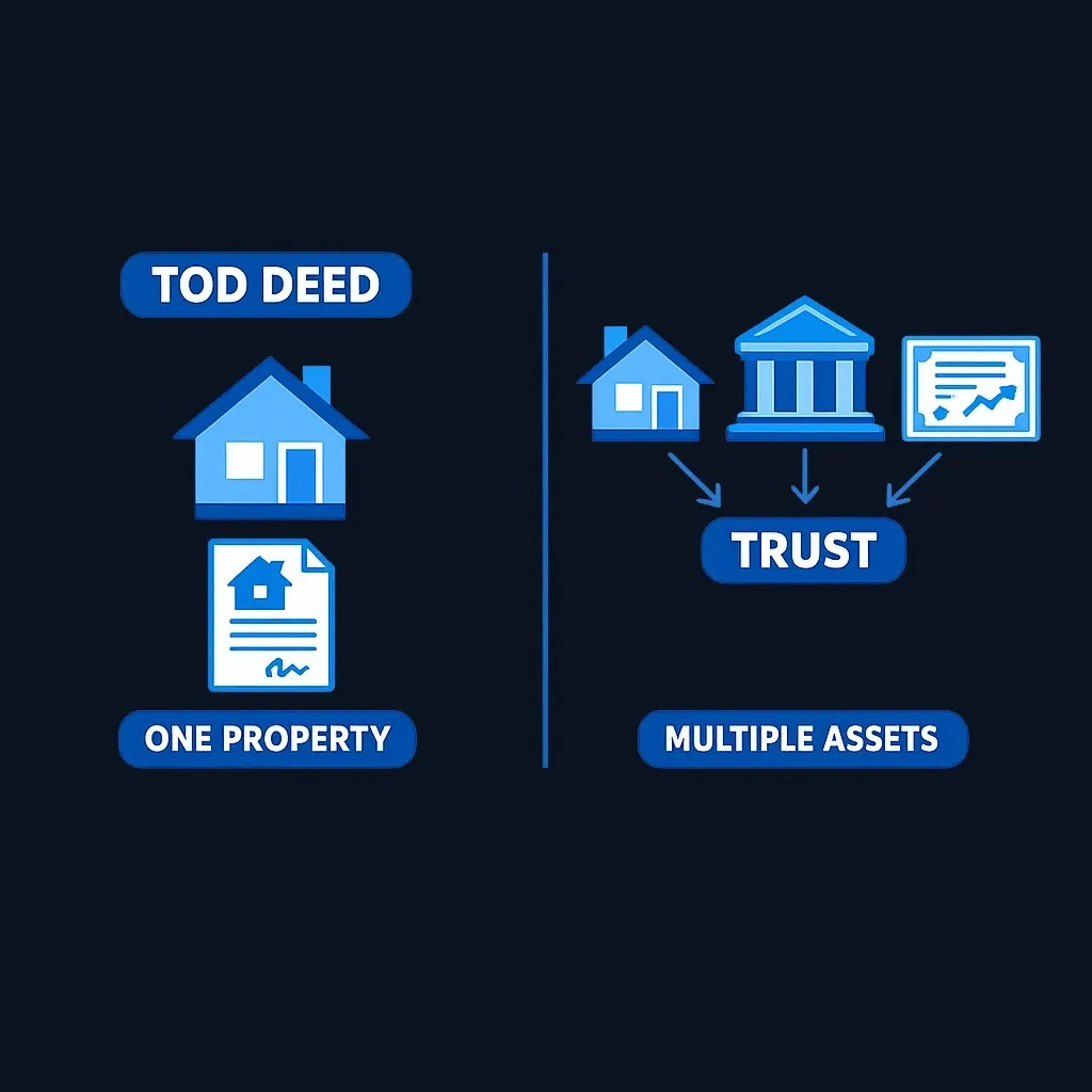 Side-by-side comparison showing TOD deed covering one house versus living trust holding house, accounts, and investments