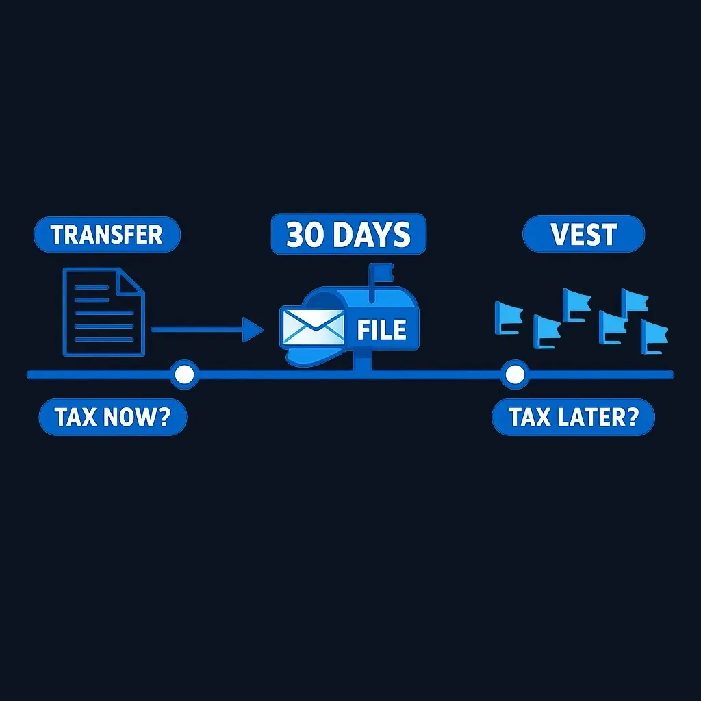 Timeline showing transfer date, 30-day filing window, and future vesting dates