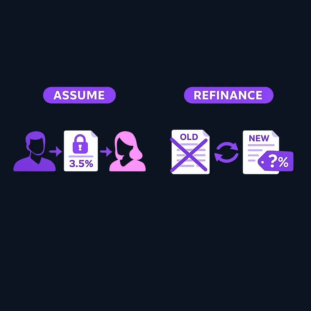 Side-by-side diagram comparing a mortgage assumption, where the same loan moves to a new borrower, with a refinance, where a new loan replaces the old one