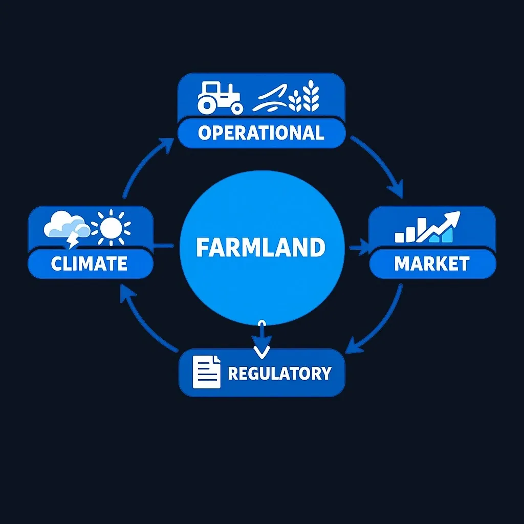 Interconnected risk map for farmland investments showing operational, market, regulatory, and environmental risks