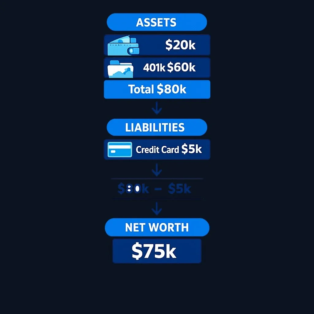 Example calculation showing Pat's assets of $80,000 minus $5,000 debt equals $75,000 net worth