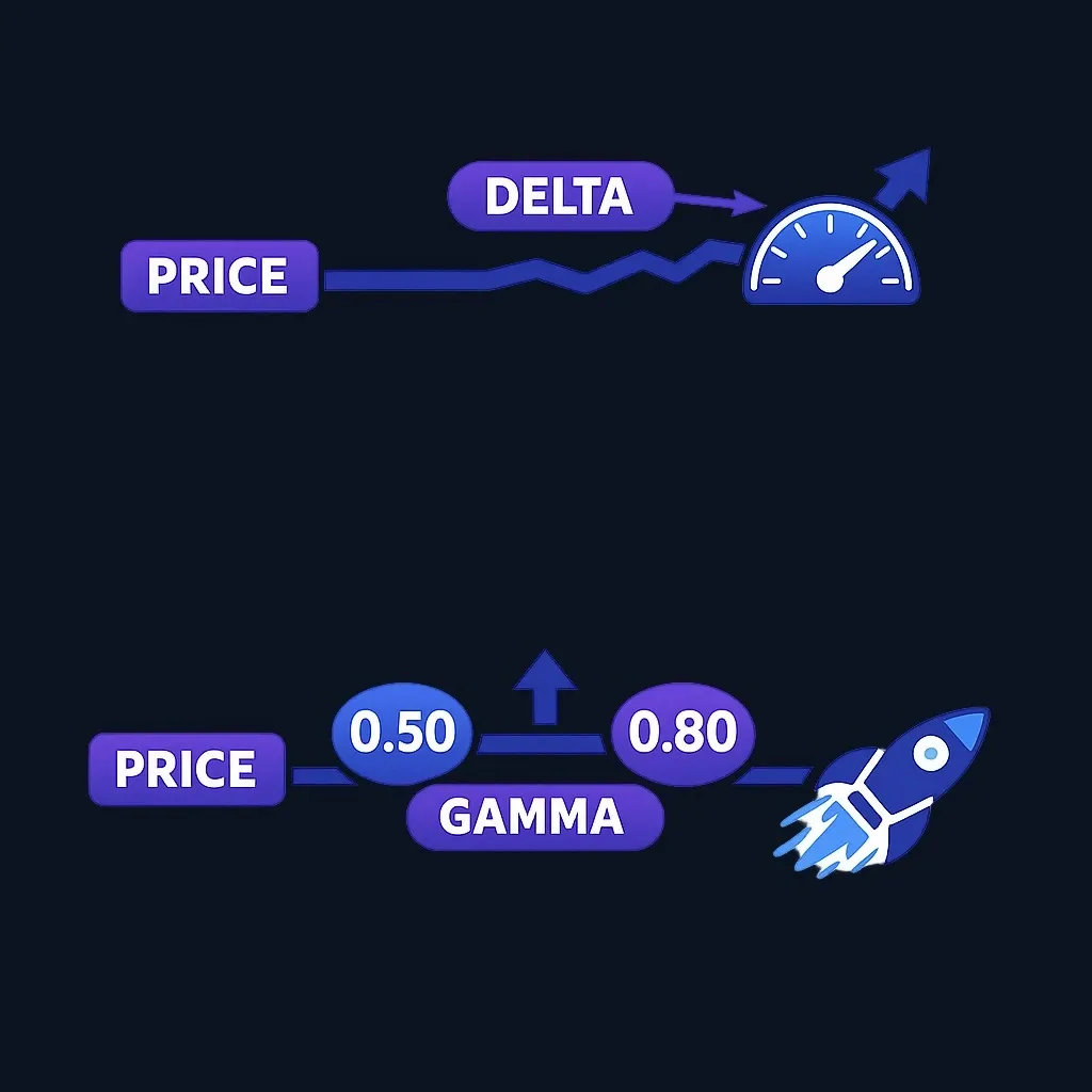 Diagram showing delta as speed and gamma as acceleration in options pricing