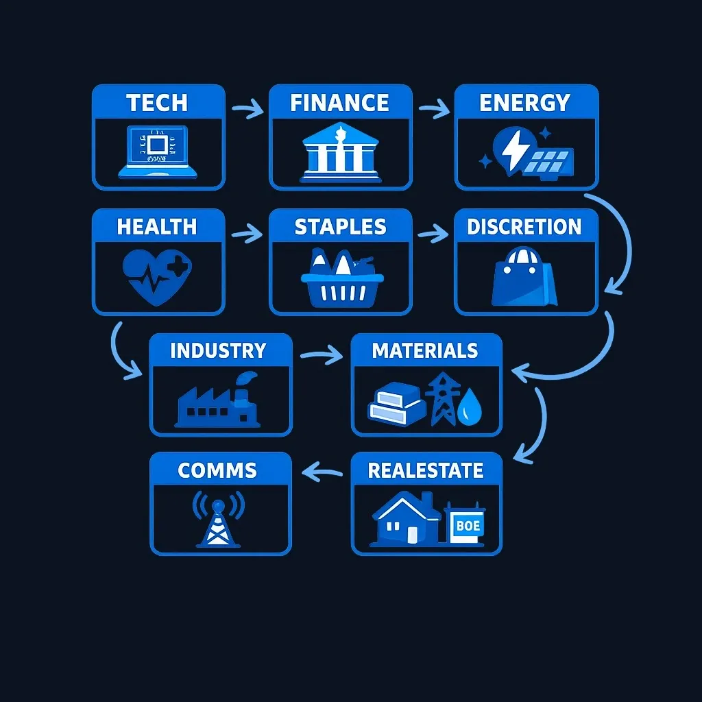 Diagram showing 11 market sectors arranged in a grid with arrows indicating money flow between them