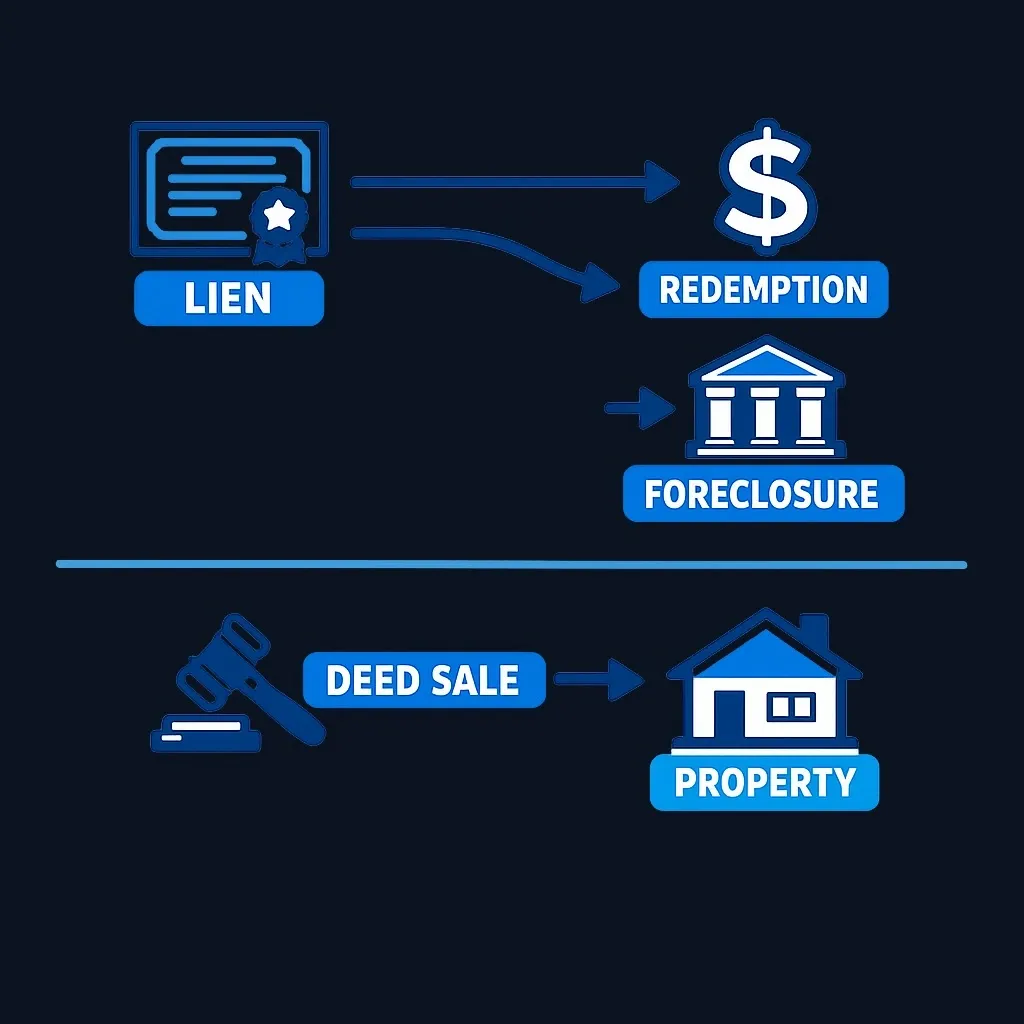 Diagram showing tax lien certificate leading to either redemption payment or potential foreclosure path, contrasted with separate tax deed sale path