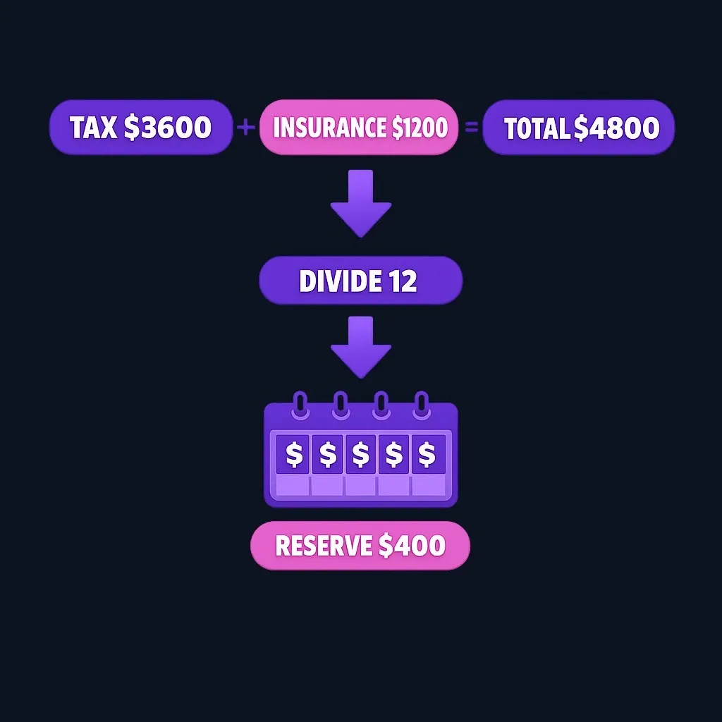 Budget calculation showing annual tax and insurance divided by 12 to get monthly reserve amount