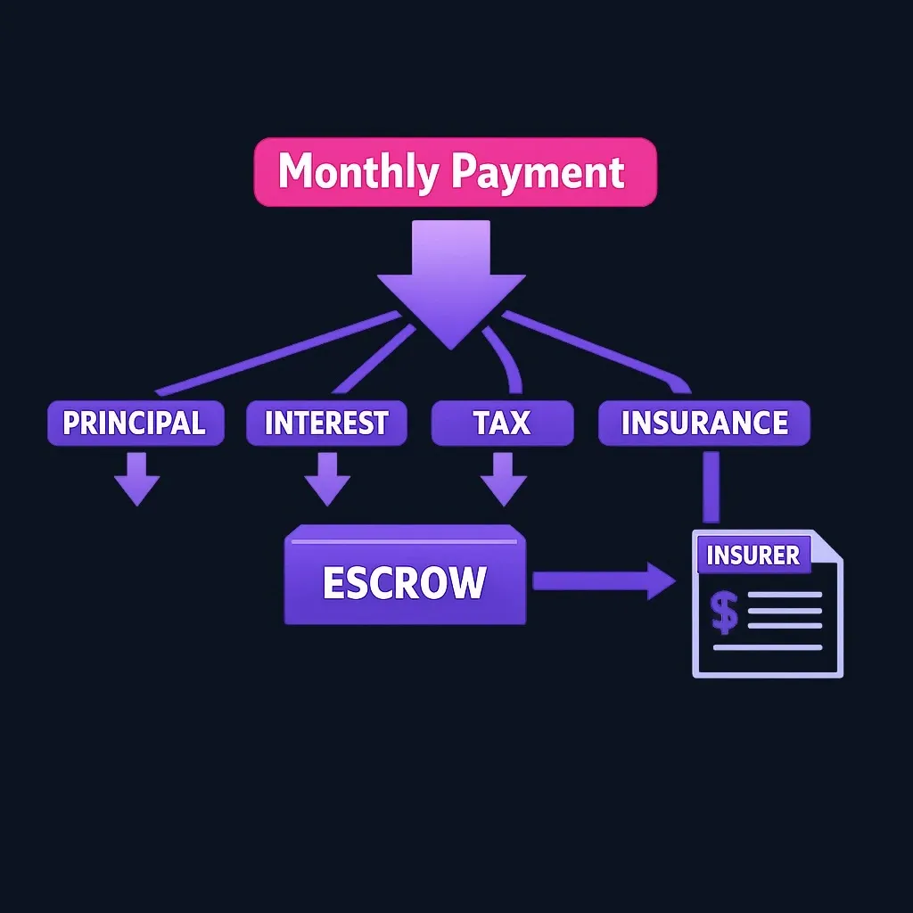 Diagram showing monthly mortgage payment splitting into principal, interest, taxes, and insurance, with the insurance portion flowing into an escrow account that pays the insurance company