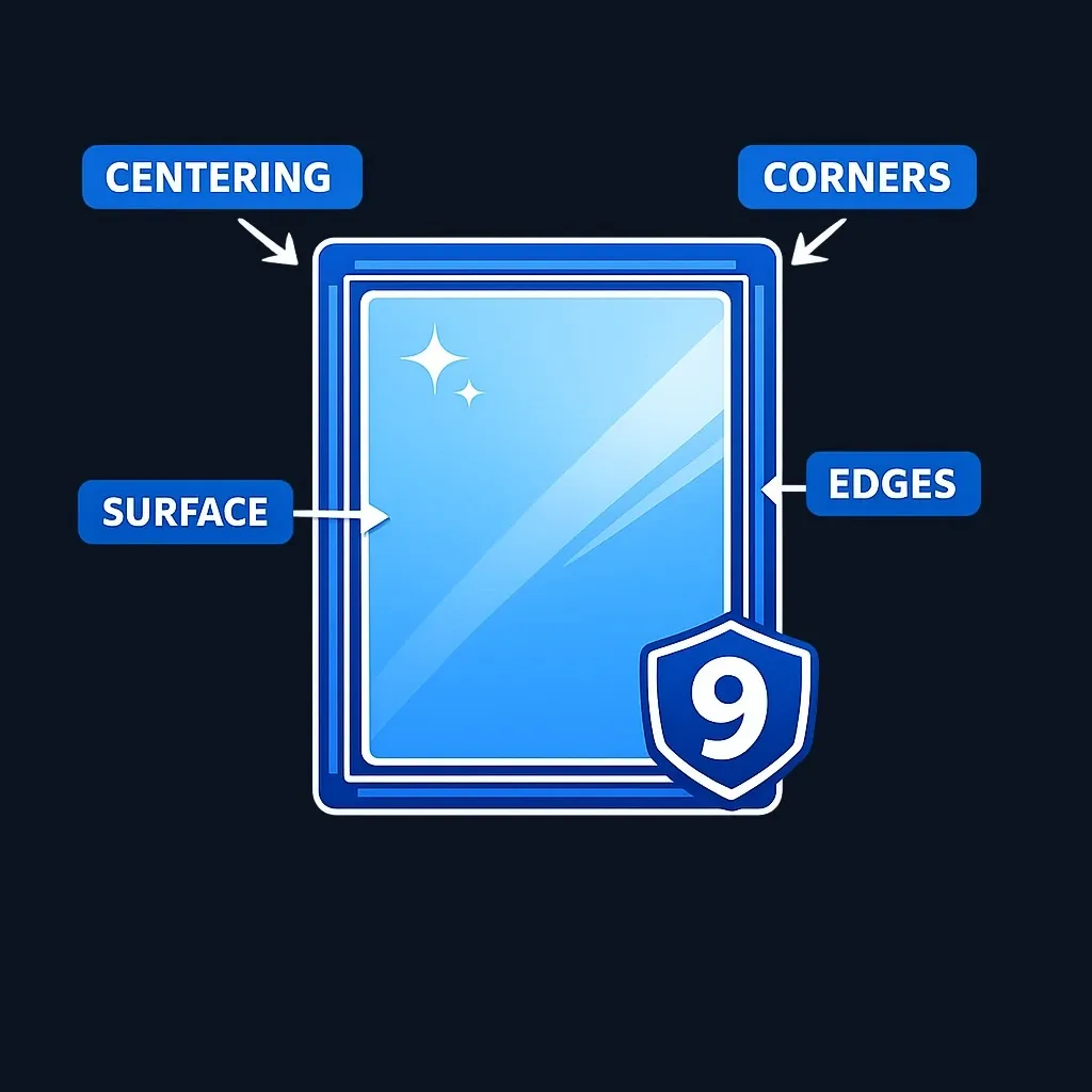 Diagram showing the four grading criteria evaluated on a sports card