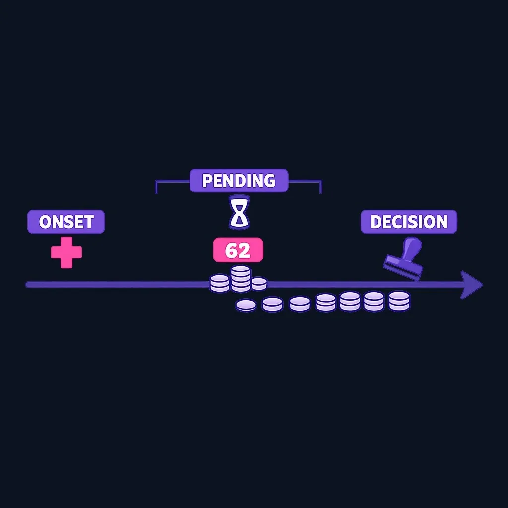 A timeline showing the disability onset date, the start of early retirement, the pending claim period, and the later decision.