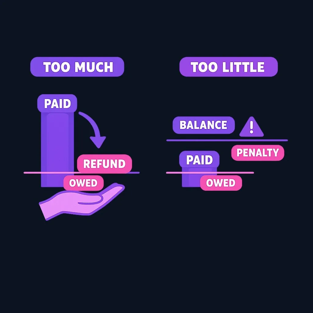 Side-by-side comparison of withholding too much, resulting in a refund, and withholding too little, resulting in a balance owed and a possible penalty