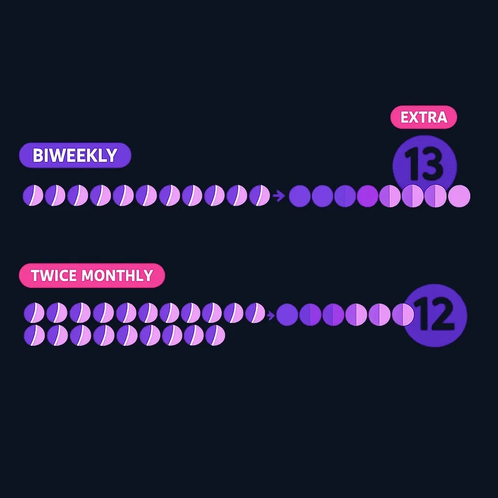 Two rows of half-payment tokens: 26 for biweekly equal 13 full payments, and 24 for twice monthly equal 12 full payments