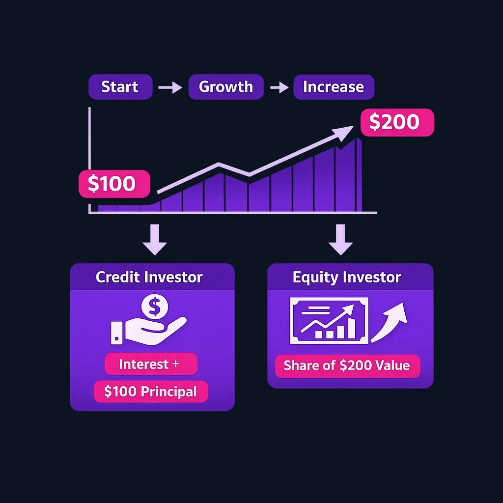 Example comparison of credit vs equity investor outcomes for the same company growth scenario